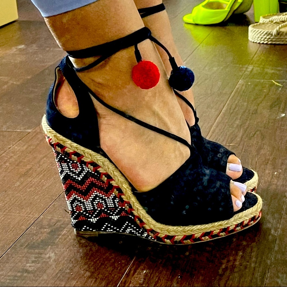 Aquazzura Raffia Wedge with Pom Poms
